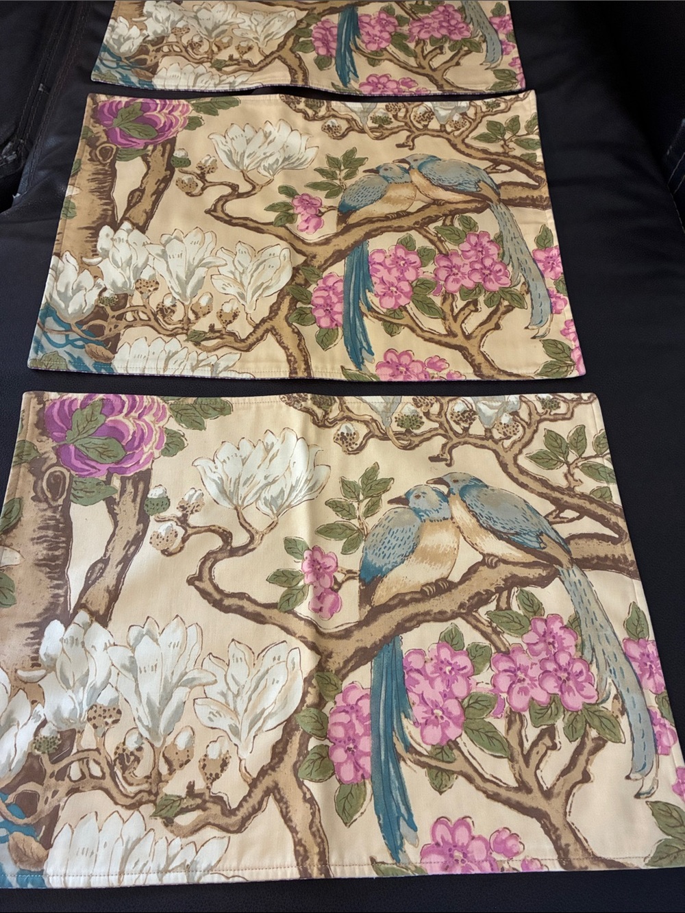 Juliska Beige Placemat Set of 3 with Blue Birds and Pink Flowers 19 X 14”